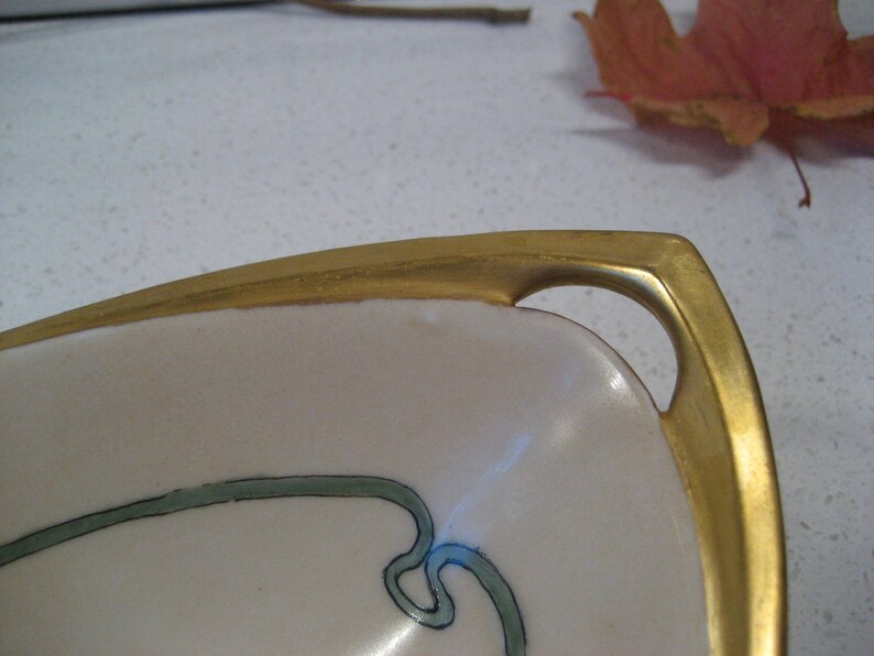 Handpainted flowers Heavy Gold Two handles Antique Art Nouveau Elongated Porcelain Bowl Pointed ends Peach blush