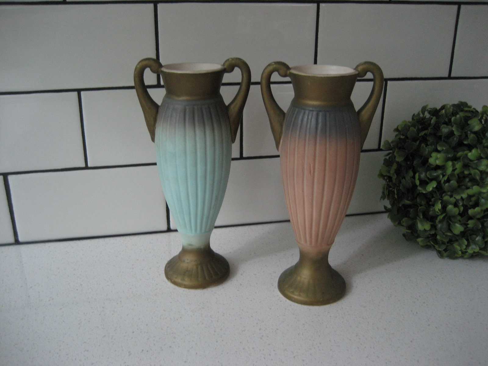 Pair 7.25" Vintage ESD Japan Double Handle Small Urn Vase Ombre Salmon peach Celadon teal Matte bronze Lefton piggyback Design 22888 mantel