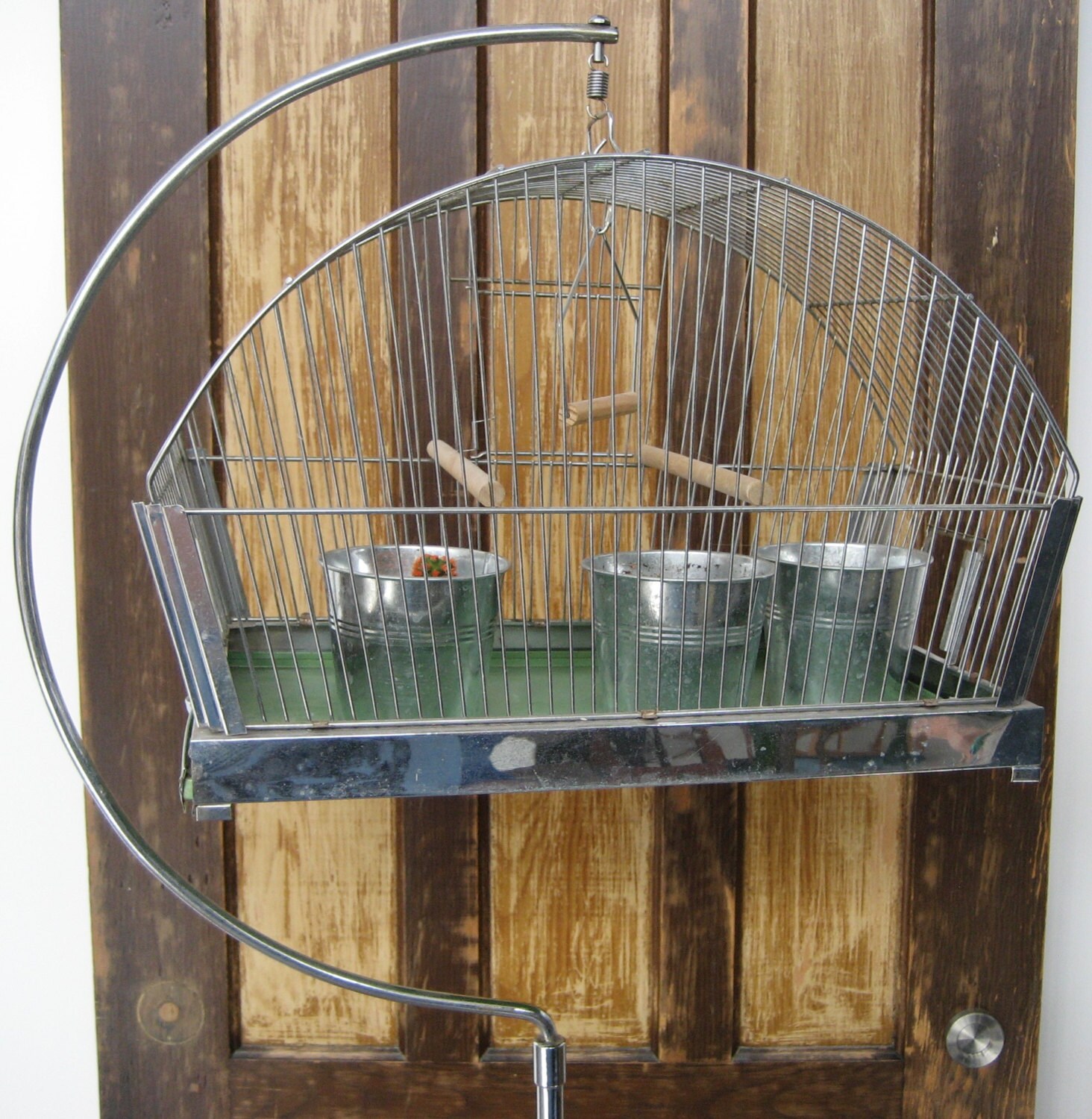 Vintage Hanging Bird Cage Original Cast Iron Stand Base Chrome Etsy