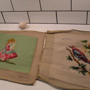 CHOICE Vintage Needlepoint Pillow Covers Girl carrying a Duck Bird & Berries Embroidery Textile art Granny chic midcentury crewel chair seat