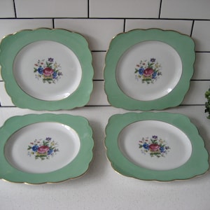 8.75&quot; 4pc Set Vintage Royal Bayreuth Germany US Zone Square Scallop plate spring pea green gold retro florals gallery wall garden tea party