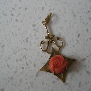 Antique 3D Hand-carved Coral Rose 10K Yellow Gold Pendant Victorian romantic gift Mini star pendant orange pink flower wedding luxe boho