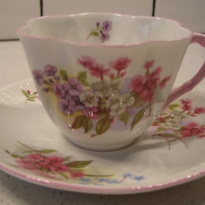 Vintage Shelley Fine Bone China Dainty Shape Tea cup and Saucer Duo made in England 1940s Retro botanicals florals pretty china Cracked cup
