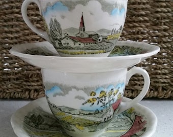 4pc Set Vintage Staffordshire Alfred Meakin Home Pastures Teacup & Saucer duos Retro English countryside Classic cuppa retro shower gift