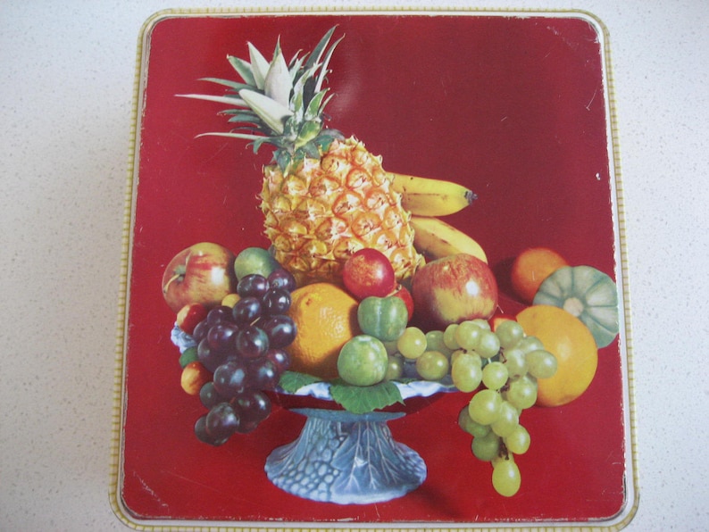 Retro Fruit Basket Tin Carmen Miranda-esque Excellent storage Versatile storage Vintage graphics A Pretty Sweet Fruit Pineapple