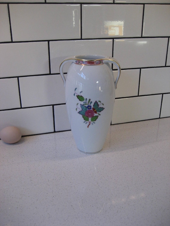 8” Vintage Herend Hungary Hand-painted Porcelain Vase Two Handles