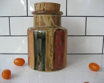 boîte de poterie vintage épaisse glaçure de liège véritable fabriquée au Japon vert brun rouge rayures ton terreux Banawe Commercial rétro cuisine boho cadeau