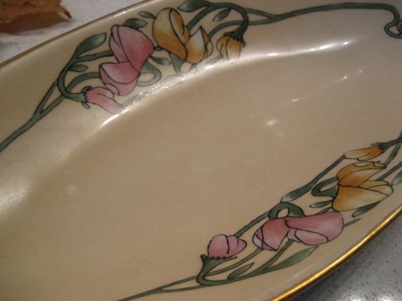 Handpainted flowers Heavy Gold Two handles Antique Art Nouveau Elongated Porcelain Bowl Pointed ends Peach blush