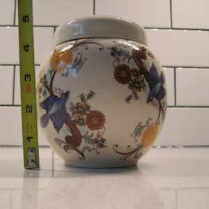 Vintage Sadler ginger jar with lid Art Deco England elegant Blue birds Orange flowers c.1937-47 Chinoiserie gift retro vanity storage