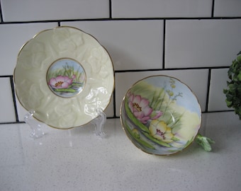 Incredibly Rare Antique Flower Handled Royal Paragon Teacup Set Lily Pond Haddon Hall 3D Figural Hand-painted Incised Star stamp watercolors
