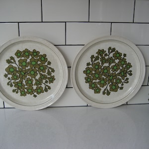 May include: Two white ceramic dinner plates with a green and brown floral design. The plates have a speckled texture.