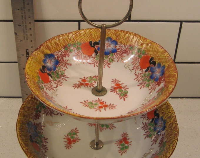 Vintage Japanese Porcelain Two Tier Bowls Handpainted Trico Nagoya Metal Stand Midcentury Glazed