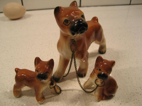 Vintage Boxer Momma with two puppies Glazed China Chain Metal leash Going for a walk Nursery Miniatures dog pet lover gift midcentury retro