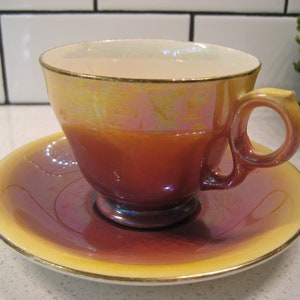 Vackert vintage Royal Winton tekoppset med ombre-glans, rosé till honung, England ringhandtag, regnbågsguld, förgyllning, rockabilly-te, present, ca 1941-50