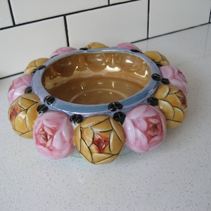 9” Antique Low 3D Posy Bowl Lustre pastels Handpainted  Art Nouveau Centrepiece Takito Porcelain TT Moriage Japan garden party shower gift