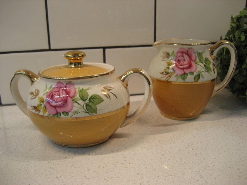 3pc Vintage Sadler Cabbage Rose Cream Sugar Set made in England 3pc Vintage Sadler Cabbage Rose Cream Sugar Set made in England