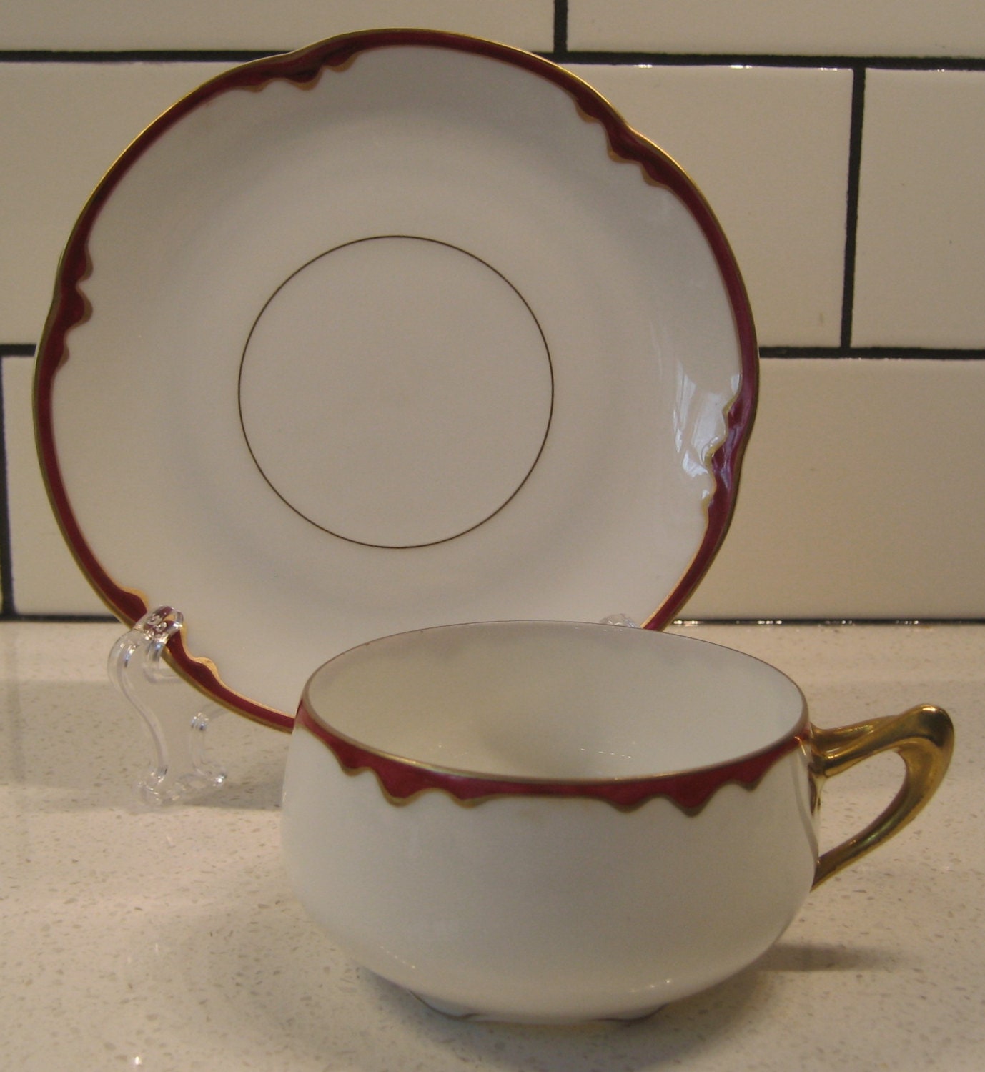 Antique Fine Porcelain Teacup saucer set JHR Alice Bavaria Hand-painted Merlot Heavy Gold Gilded Drip effect Fancy split handle tea party