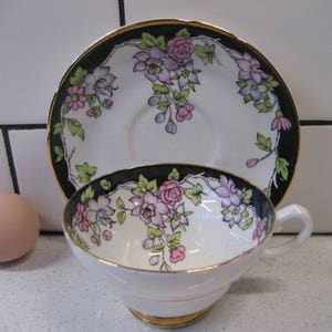 Beautiful Vintage Stanley Teacup Saucer Set Hand-painted Lovely graphics Trailing florals England Wide mouth Gold tea party gift wisteria