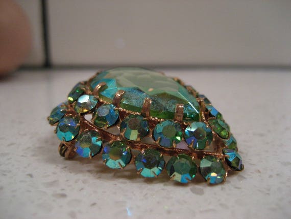 Vintage Pear Shaped Rhinestone Pin Brooch Aqua gr… - image 5