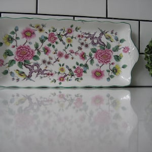 Sanduíche chinês de rosas James Kent Old Foley de 12,5” vintage, servindo Inglaterra, design retrô de pássaro, repolho, rosa, cômoda, bandeja de amenidades, presente