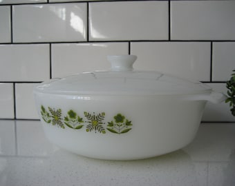 2pc Vintage Fire King Casserole Baking Dish & Lid Green Meadow Milk Glass Oven Safe Collectible MCM Kitchenware Cookware 1.5-qt gift USA