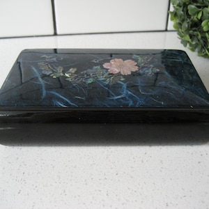 6.25&quot; Vintage Lacquerware style Jewellery Letter Box Inlaid Abalone Shell Mother-of-Pearl Florals Chinoiserie velvet rounded sides dome top