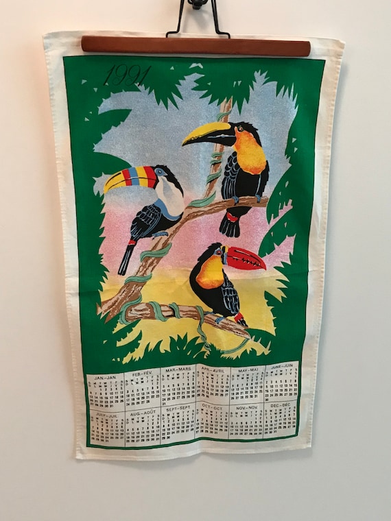 Vintage-Leinen-Geschirrtuch mit Tukan-Motiv von 1991, Retro-Dschungel-Print, bedruckter Textilkalender, Rockabilly-Küche, einzigartige Café-Gardine, tolle Geschenkidee für Köche