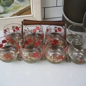 15" Vintage Midcentury Roly Poly Glasses Metal Caddy Set Solid Wood Handle Ball feet Retro Roses Canada Centennial Big Nickel Sudbury gift