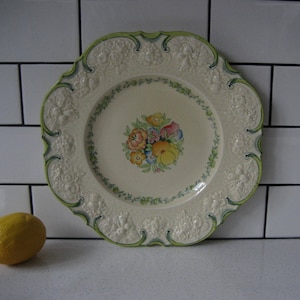 11” Pretty Vintage Crown Ducal Ware Embossed Cabinet Plate Transferware Handpainted Textured china Retro florals Green accents England gift