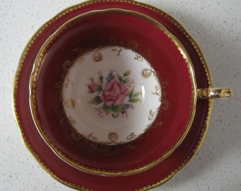 Vintage Aynsley tekopp duo Fancy guld filigran pilgrimsmusslad kant Tranbär malen rosa ros tillverkad i England trädgård tebjudning retro duschpresent