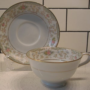 Vintage Noritake Croydon widemouth teacup saucer set Midcentury china Japan Muted colours Scrollwork retro florals hygge cottage shower