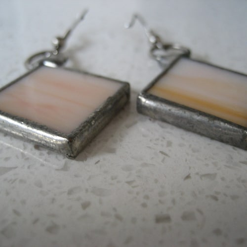 Vintage Handmade Artisan Stained Glass Earrings Diamond Shape shops Ombre Orange yellow sunrise French hook boho chic retro gypsy festival gift