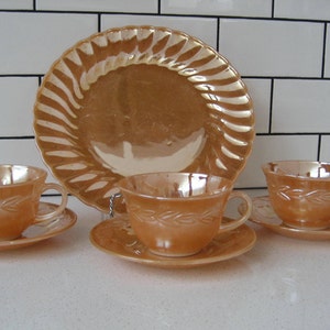 CHOICE Vintage Fire King Laurel Pattern Cup with matching saucer Swirl dinner plate Peach Lustre ware Retro hygge kitchen family gathering