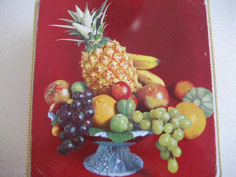 Retro Fruit Basket Tin Carmen Miranda-esque Excellent storage Versatile storage Vintage graphics A Pretty Sweet Fruit Pineapple