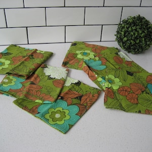 6pc Set 15” Vintage Cloth Napkin Set aqua florals jungle foliage barkcloth whimsical retro throwback tiki boho safari tropical dinner party