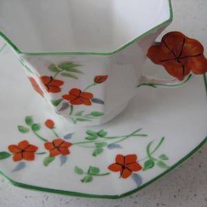 CHOICE Rare Vintage Melba Teacup Set 3D Flower Handle Large Demitasse Octagon shape Hand-painted Reg 778351 England Vibrant orange tea party