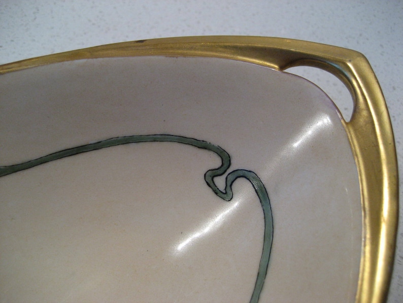 Handpainted flowers Heavy Gold Two handles Antique Art Nouveau Elongated Porcelain Bowl Pointed ends Peach blush