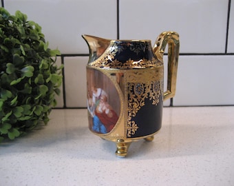 Antique Royal Vienna Cobalt Tri-Footed Creamer Pitcher Raised Beaded Gilt Handpainted scene Cabinet piece opulent Versailles style luxe gift