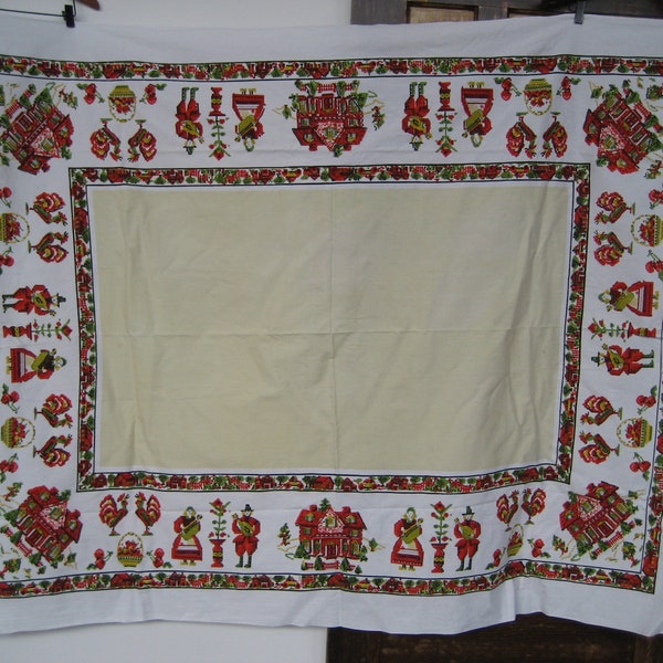 Vintage Cotton Tablecloth Alfresco dining New England Folk Art cross-stitch style primary colours cherries roosters farmer wall hanging gift