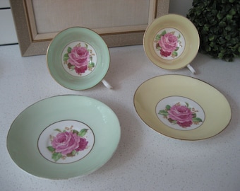 CHOICE Vintage Rosina Teacup & Saucer Set Cabbage Roses gold wide mouth Butter Yellow Pale Pea Green England garden tea party shower gift
