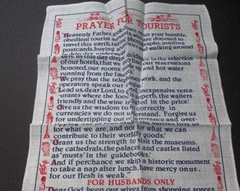 Unused Crisp Vintage Fingal  Irish Linen Tea Towel Prayer For Tourists by Art Buchwald White, Black, and Red approx. 19 by 30 inches