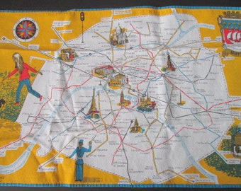 Vintage 1970s Souvenir J.Franco art Map of Paris tea towel 17 by 27 inches,cotton Paris map made in France, shipping included