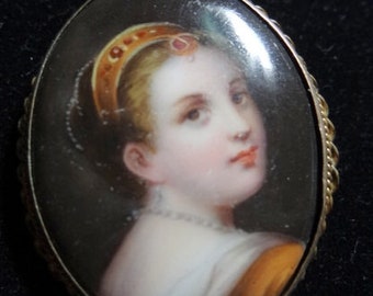 Antique Beautiful Accomplished Unsigned Hand Painted Porcelain Miniature Portrait of Young Woman in Bezeled Brooch