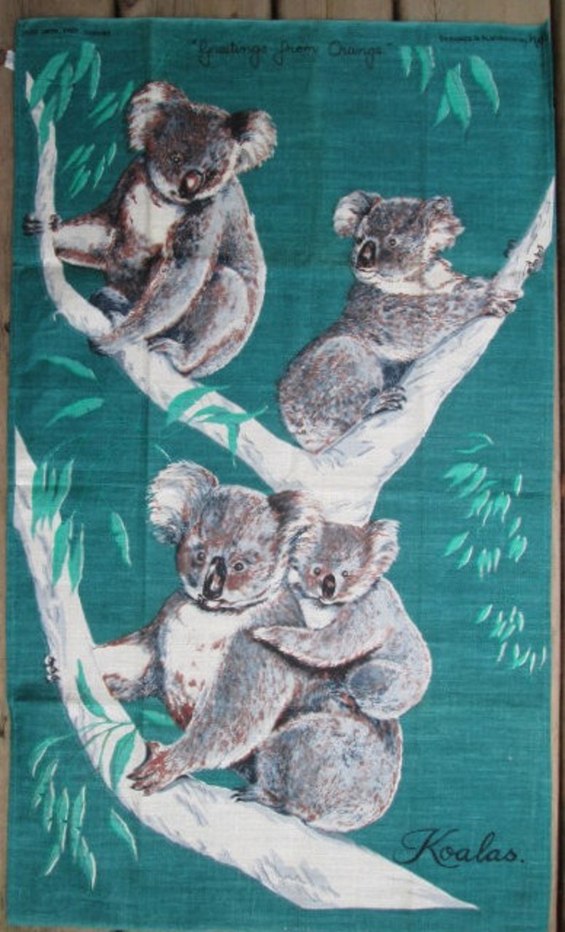 Vintage KOALA MCM Unused Linen Tea Towel Greetings from Orange Australia Koalas on Teal by Neil 18 by 31 inches