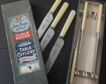 1930s James Deakin & Sons England Sheffield famous Firth n Bearley Stainless 6 Table Knife set  with Xylonite Handles in original Box