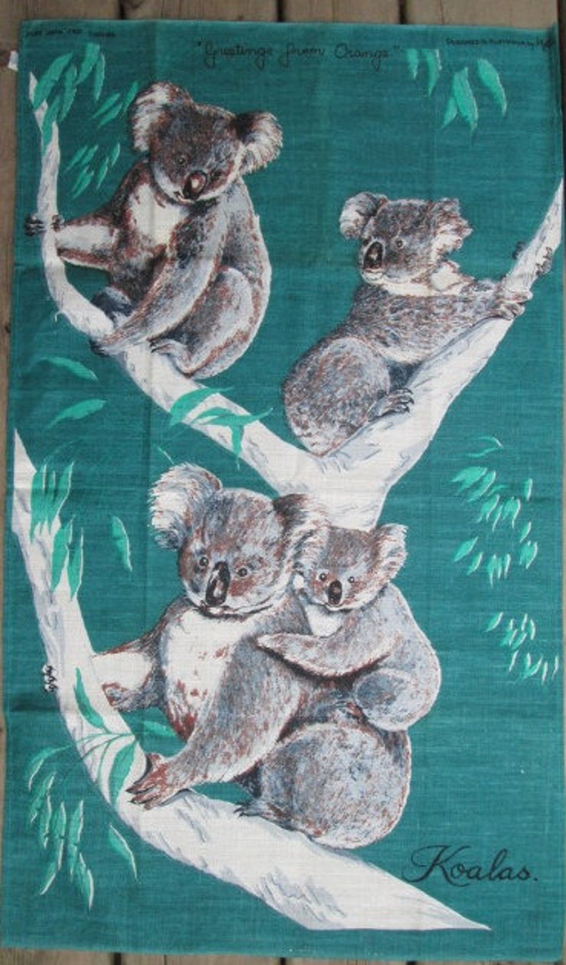 Vintage KOALA MCM Unused Linen Tea Towel Greetings from Orange Australia Koalas on Teal by Neil 18 by 31 inches