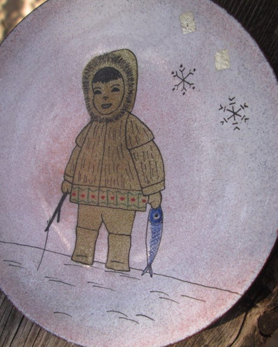 Enamel on Copper Dish Inuit Boy With Fish Mid Century Eskimo Etsy
