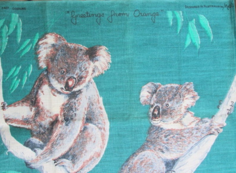 Vintage KOALA MCM Unused Linen Tea Towel Greetings from Orange Australia Koalas on Teal by Neil 18 by 31 inches