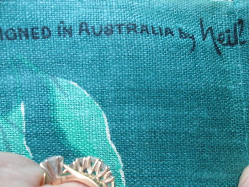 Vintage KOALA  MCM Unused Linen Tea Towel  Greetings from Orange Australia Koalas on Teal by Neil 18 by 31 inches
