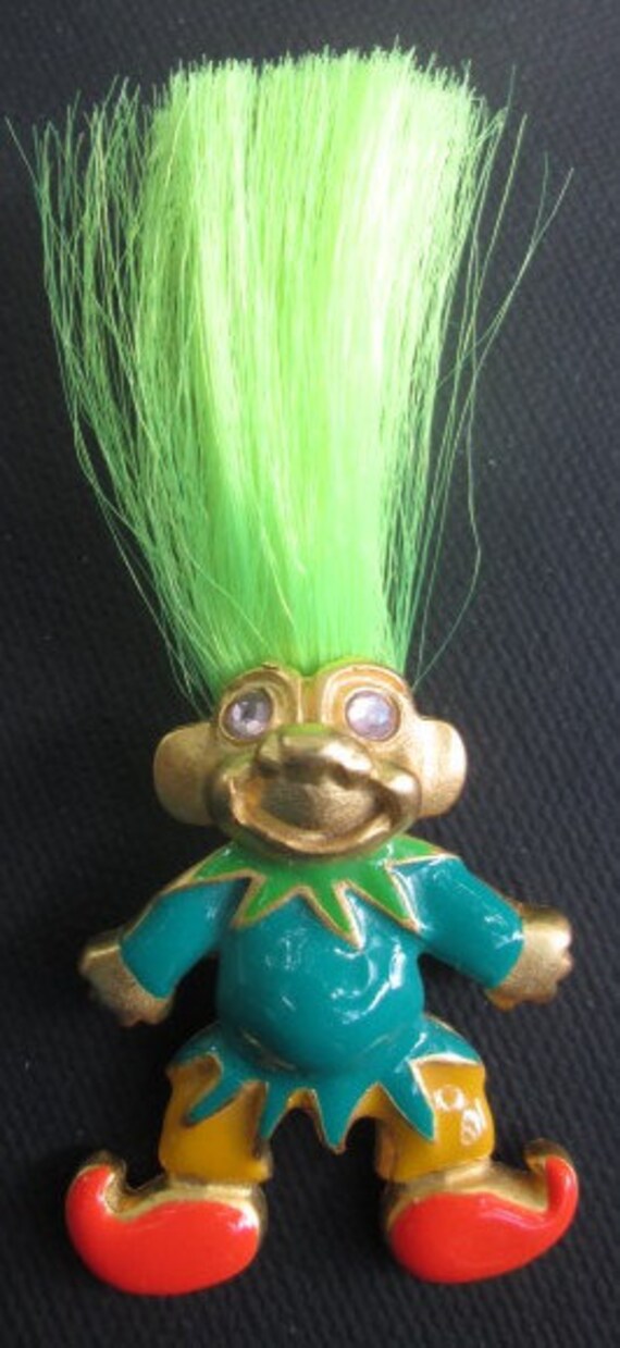 Vintage L. Razza TROLL PIN, Green neon hair, Clear